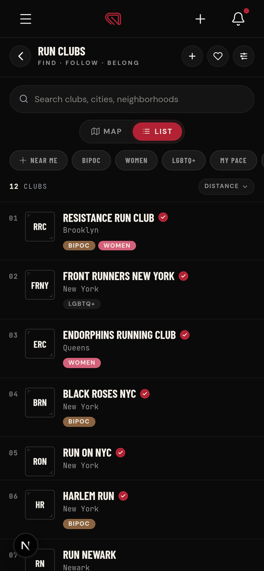 Run Clubs screen